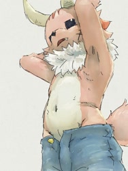 Size: 900x1200 | Tagged: safe, artist:apluss, kaku, demon, mammal, mythological creature, anthro, boy, cub, male, young, ponkotsu quest, digital, sketch, anthrofied, arms up, beady eyes, clothing, fang, fur, half-closed eyes, horn, low-angle view, low-riding, narrowed eyes, navel, neck fluff, neutral face, open fly, open mouth, pants, pink body, pink fur, pinup, scar, solo, standing, tail, teeth, topless