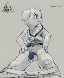 Size: 2696x3276 | Tagged: suggestive, artist:暂无使用名称, canid, dog, mammal, anthro, boy, cub, male, slender, solo cub, solo male, young, digital, limited palette, sketchy, balls, bandage, bandage on knee, bandage on leg, black chastity cage, blushing, bottomwear, bottomwear down, chastity, chastity cage, clothing, clothing down, embarrassed, front view, full frontal nudity, genitals, hands on hips, hiked up shirt, humanoid genitalia, humanoid penis, kemono, looking away, low-angle view, nervous, nervous sweat, nudity, pants, pants down, penis, shirt, solid chastity cage, solo, standing, tank top, topwear, underwear down