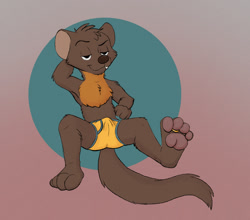 Size: 1097x967 | Tagged: suggestive, artist:treezel, oc:treezel, mammal, marten, mustelid, cub, slender, young, colored, digital, flat colored, arm behind head, briefs, chest fluff, clothing, erection under clothing, front view, half-closed eyes, leaning back, one arm up, presenting foot, sitting, smug, toe ring, topless, underwear