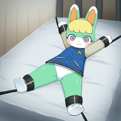 Size: 2000x2000 | Tagged: non-con, suggestive, artist:sum, sasha (animal crossing), lagomorph, mammal, rabbit, anthro, chibi, cub, male, solo cub, solo male, young, animal crossing, colored, digital, barefoot, bed, bed bondage, blonde hair, blushing, bondage, bottomless, bound, clothing, dubcon, featureless crotch, feet, fur, gray eyes, hair, looking at you, lying, on back, on bed, solo, teal body, topwear