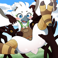 Size: 2000x2000 | Tagged: non-con, suggestive, artist:sum, tulin, avian, bird, gloom spawn, rito, anthro, boy, cub, male, young, legend of zelda, colored, digital, arm grab, avian feet, blue eyes, blushing, bottomless, butt, clothing, featureless crotch, feet, open legs, open mouth, outdoors, soles, tail, thigh grab, white body, winged arms, wings