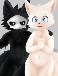 Size: 1040x1364 | Tagged: safe, artist:feith-zr, colin (changed), puro, anthro, male, males only, slender, twink, changed, colored, digital, fully shaded, black body, black sclera, blue eyes, duo, featureless crotch, looking at another, looking at you, navel, open mouth, white body