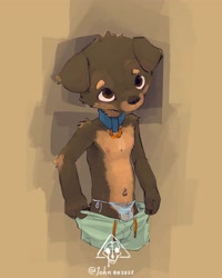 Size: 3271x4096 | Tagged: safe, artist:暂无使用名称, canid, dog, mammal, rottweiler, anthro, cub, male, slender, solo cub, solo male, young, digital, fully shaded, bulge, collar, detailed bulge, front view, g-string, half-length portrait, looking up, navel, solo, swim trunks, swimwear down, waistband pull