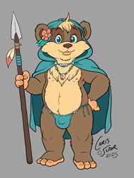 Size: 1550x2048 | Tagged: safe, artist:cobalt, ewok, fictional species, anthro, chubby, cub, male, plantigrade, solo cub, solo male, young, star wars, colored, flat colored, buckteeth, bulge, cape, detailed bulge, flower in hair, front view, full-length portrait, holding weapon, hood, hooded cloak, jewelry, looking at you, necklace, nipples, solo, spear, standing