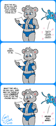 Size: 569x1280 | Tagged: safe, artist:cobalt, oc:cobalt, oc:twinkle, bear, foozle, mammal, ursine, anthro, cub, male, young, colored, digital, flat colored, antennae, bulge, clothing, comic, dialogue, english text, holding object, reading, speedo, surprised, swimsuit, vest, wide eyed