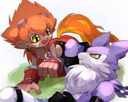 Size: 2048x1638 | Tagged: safe, artist:takeda conomi, flamemon, kemonomimi, strabimon, anthro, cub, slender, young, digimon, chest fluff, clothing, cut horns, duo, looking at another, looking at each other, one arm up, open smile, outdoors, topless, yellow eyes