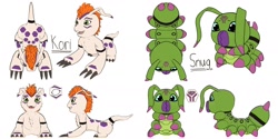 Size: 2000x1000 | Tagged: safe, artist:elechtronshock, oc:kori the gomamon, oc:snug the wormmon, digimon (species), gomamon, wormmon, digimon, colored, digital, flat colored, reference sheet, from above, front view, multi legs, multiple angles, multiple images, side view, solo