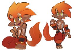Size: 1764x1200 | Tagged: safe, artist:notfornothin, flamemon, anthro, boy, chibi, male, slender, young, series:wired wilds, brown skin, clothing, digitigrade, fang, fluffy tail, full-length portrait, horns, looking at you, nipples, smiling, smiling at you, teeth, tongue out, topless, tribal markings, v sign