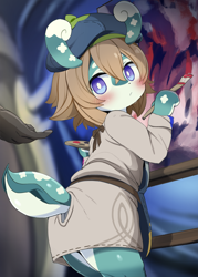 Size: 1250x1750 | Tagged: safe, artist:dagasi, mamere, melusine, anthro, cub, female, female focus, young, genshin impact, colored, digital, apron, beret, blushing, clothing, disembodied hand, dress, holding object, looking back, paintbrush, rear view, solo focus, standing, tail, teal body