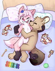 Size: 3300x4250 | Tagged: safe, artist:coille, oc only, oc:fenris (fenristhefen), oc:ichigo ryiin (strawberryfoxxies), canid, fennec, fox, mammal, anthro, boy, cub, cubs only, female, girl, male, plantigrade, young, young only, colored, digital, bed, closed eyes, cuddling, duo, featureless crotch, hair accessory, looking at another, lying, nudity, one eye closed, open mouth, pawpads, paws, pink body, pink eyes, pink hair, smiling, tail