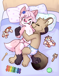 Size: 3300x4250 | Tagged: safe, artist:coille, oc only, oc:fenris (fenristhefen), oc:ichigo ryiin (strawberryfoxxies), canid, fennec, fox, mammal, anthro, boy, cub, cubs only, female, girl, male, plantigrade, young, young only, alternate version, colored, digital, barefoot, bed, closed eyes, clothing, cuddling, diaper, duo, hair accessory, looking at another, lying, one eye closed, open mouth, pawpads, paws, pink body, pink eyes, pink hair, smiling, tail, topless