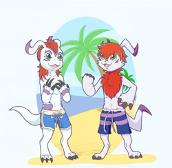 Size: 1280x1251 | Tagged: safe, artist:reycovert, digimon (species), gomamon, gomamon x, anthro, slender, digimon, cel shaded, anthrofied, barefoot, beach, brother, chest fluff, clothing, digitigrade, duo, fist pump, front view, full-length portrait, gesture, hair, looking up, low-riding, mohawk, navel, outdoors, red hair, swim trunks, topless