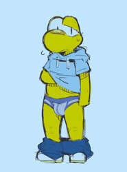 Size: 950x1286 | Tagged: safe, artist:warito moeru, koops, koopa, reptile, turtle, anthro, cub, plantigrade, young, mario bros, paper mario, colored, flat colored, sketch, arched eyebrow, bandage, bandage on nose, briefs, bulge, clothing, clothing down, dubious, front view, full-length portrait, hand under shirt, hoodie, looking at you, pants down, shell-less, solo, sweat, underwear