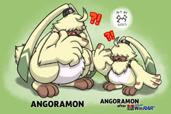 Size: 2000x1327 | Tagged: safe, artist:malamite, angoramon, anthro, cub, fat, young, digital, duo, hair over eyes, open mouth, ponytail ears, shrunk, size difference, surprised