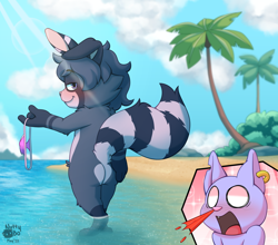 Size: 2044x1800 | Tagged: suggestive, artist:unboxyguy, oc:starfeline, oc:velsun, cat, felid, hybrid, lagomorph, mammal, procyonid, rabbit, raccoon, sphynx, male, beach, bedroom eyes, blood, blushing, bodily fluids, butt, cutaway, duo, empty eyes, fur, hair, holding clothing, in water, looking at you, looking back, looking back at you, nose bleed, nudity, open mouth, outdoors, piercing, public, public nudity, reaction cutaway, rear view, smiling, smiling at you, solo focus, standing, standing in water, surprised, swimwear, tail, teasing, thong, underwear, water