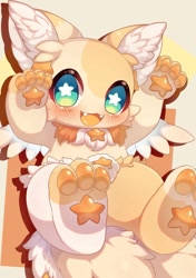 Size: 885x1254 | Tagged: unknown species, safe, artist:tsukai_rabi, ambiguous gender, anthro, cub, young, colored, digital, blushing, green eyes, kemono, looking at you, open mouth, open smile, pawpads, paws, smiling, solo, tail, tan body, wings