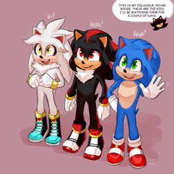 Size: 2048x2048 | Tagged: safe, artist:solar-socks, shadow the hedgehog, silver the hedgehog, sonic the hedgehog, mobian, anthro, male, males only, plantigrade, sonic movies, colored, digital, aged down, chest fluff, cutaway, dialogue, expression avatar, featureless chest, featureless crotch, front view, full-length portrait, gesture, greeting, group portrait, ineffective clothing, line up, looking up, nudity, off-screen character, open mouth, open smile, shoes, shoes only, shoes without socks, smiling, sneakers, speech bubble, square crossover, standing, trio, waving