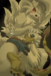 Size: 1801x2669 | Tagged: suggestive, artist:qrnrr, oc only, oc:enja, oc:lykastel, archen, generation 5 pokemon, generation 7 pokemon, lycanroc, midnight lycanroc, pokemon (species), male, male/male, semi-anthro, pokémon, alternate color, biting lip, blush lines, blushing, bodily fluids, briefs, bulge, bulge kiss, claws, clenched teeth, clothing, cuddling, drooling, duo, embarrassed, fur, genital fluids, head grab, jewelry, kissing, licking, looking at partner, nudity, open mouth, precum, romantic, saliva, saliva string, size difference, tail, teeth, tongue, tongue out, topless, underwear, winged arms