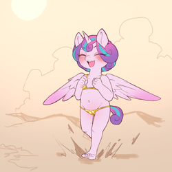 Size: 1200x1200 | Tagged: suggestive, artist:cold-blooded-twilight, flurry heart, alicorn, equid, fictional species, mammal, mythological creature, pony, anthro, cub, female, girl, plantigrade, solo cub, solo female, solo girl, young, my little pony, my little pony: g4, colored, digital, flat colored, anthrofied, bikini, blushing, camel toe, clothing, eyes closed, feet, flat breasts, hair, hair highlights, happy, horn, humanoid feet, navel, open mouth, open smile, pink body, purple hair, smiling, solo, swimwear, toes, two-piece swimsuit, wings