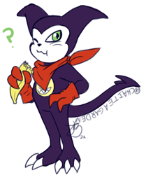 Size: 876x1047 | Tagged: safe, artist:roguemorpho, digimon (species), impmon, anthro, cub, male, young, digimon, colored, digital, flat colored, banana, claws, curious, eating, fleshy horns, food, fruit, full-length portrait, gloves, green eyes, holding food, kerchief, looking at you, neckerchief, neckwear, one eye closed, plant, purple body, solo, spade tail, standing, tail, winking