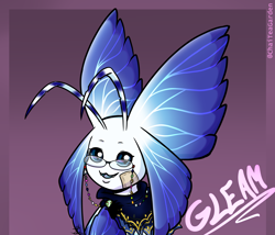 Size: 2100x1800 | Tagged: safe, artist:roguemorpho, oc:gleam the morphomon, digimon (species), morphomon, cub, female, solo female, young, digimon, digital, fully shaded, antennae, bandage, bandage on face, glasses, headshot, jewelry, looking at you, open mouth, open smile, smiling, solo