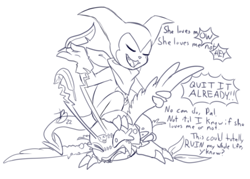 Size: 1402x1006 | Tagged: safe, demidevimon, digimon (species), impmon, ambiguous gender, cub, feral, semi-anthro, young, digimon, digital, lines, sketch, antennae, begging, cartoon torture, closed eyes, crying, dialogue, domination, duo, english text, feathers, fleshy horns, gloves, neckerchief, open smile, pain, pinned, plucking feathers, screaming, wings