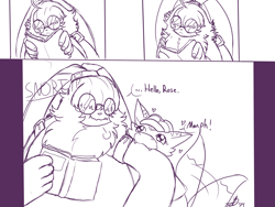 Size: 2000x1500 | Tagged: safe, artist:roguemorpho, oc:jean the symbareangoramon, oc:rose the dorumon, angoramon, digimon (species), dorumon, anthro, female, male, digimon, sketch, aged down, alternate species, amused, biting, book, clothed feral, duo, eyewear, fur, glasses, greeting, hair, hair over eyes, hat, long ears, ponytail ears, reading, sequence, size difference, tail, text, wagging tail