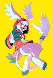 Size: 1377x2000 | Tagged: safe, artist:nuitt, digimon (species), gazimon, anthro, cub, male, solo cub, solo male, young, digimon, fully shaded, 3 fingers, action pose, big ears, bottomless, clothing, cosplay, cosplay hoodie, digitigrade, guilmon hoodie, hoodie, jumping, leather straps, looking at you, looking back, looking back at you, low-angle view, open mouth, open smile, rear view, slit pupils, smiling, solo
