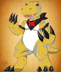 Size: 1088x1280 | Tagged: safe, artist:heibanhikaru, oc:akaran, agumon, agumon x, digimon (species), anthro, chubby, cub, muscular, semi-anthro, solo cub, young, digimon, cel shaded, 3 fingers, 3 toes, alternate version at source, claw fingers, claw toes, digitigrade, fighting stance, front view, full-length portrait, leather straps, looking at you, neckerchief, neckerchief only, nudity, sharp teeth, solo
