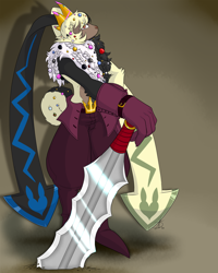 Size: 2000x2500 | Tagged: safe, artist:roguemorpho, oc:prince the symbareangoramon, digimon (species), symbareangoramon, anthro, male, slender, solo male, twink, digimon, cel shaded, digital, alternate color, braided hair, chest fluff, crown, front view, full-length portrait, gloves, hair, hands on sword, hands on weapon, long ears, posing, solo, sword, sword in ground, weapon