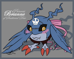 Size: 1250x1000 | Tagged: safe, artist:roguemorpho, oc only, oc:brianne, demidevimon, digimon (species), cub, female, feral, solo cub, solo female, young, digimon, colored, flat colored, blushing, front view, ribbon, solo, wings