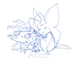 Size: 1200x900 | Tagged: safe, artist:roguemorpho, oc only, oc:brianne, oc:gleam the morphomon, demidevimon, digimon (species), morphomon, anthro, cub, cubs only, female, females only, feral, semi-anthro, young, young only, digimon, lines, monochrome, card reading, closed eyes, fortune telling, front view, kneeling, looking at another, open mouth, open smile, ribbon, smiling, standing, tarot