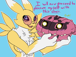 Size: 1000x750 | Tagged: safe, artist:roguemorpho, oc:byte the syakomon, oc:sunshine the renamon, digimon (species), renamon, syakomon, digimon, blush lines, blushing, breasts, chest fluff, clam shell, empty eyes, half-length portrait, hiding, holding partner, lifting partner, meme, nudity, open mouth, open smile, pink glasses, shell, size difference, smiling, talking to you