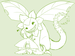 Size: 1200x900 | Tagged: safe, artist:roguemorpho, oc:boogie the sunflowmon, oc:gleam the morphomon, digimon (species), morphomon, sunflowmon, adult, anthro, cub, female, semi-anthro, young, digimon, digital, lines, monochrome, antennae, butt, duo, flower, glasses, hearts around head, lepidopteran wings, looking at another, looking at each other, looking at partner, looking down, looking down at partner, looking up at partner, rear view, size difference, standing