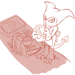 Size: 1343x1344 | Tagged: safe, artist:roguemorpho, digimon (species), impmon, cub, male, solo cub, solo male, young, digimon, digital, lines, monochrome, sketch, apron, cleaning, fleshy horns, front view, gloves, high-angle view, looking at you, looking up, looking up at you, neckerchief, neutral face, sink, solo, spade tail, suds, washing dishes