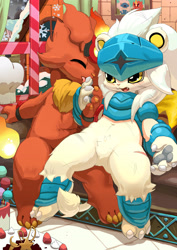 Size: 2480x3508 | Tagged: safe, artist:8012067, coronamon (xros wars), spadamon (xros wars), coronamon, digimon (species), spadamon, cub, young, digimon, digimon xros wars, blush lines, blushing, chest fluff, closed eyes, couch, couple, duo, featureless crotch, food, front view, holding hands, indoors, leaning back, licking, licking finger, open mouth, romantic, sharing food, sitting, unconvincing armor