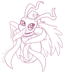 Size: 1164x1292 | Tagged: safe, artist:roguemorpho, oc:martini, digimon (species), marineangemon, cub, female, solo cub, solo female, young, digimon, digital, lines, monochrome, covering own mouth, fez, hat, levitation, looking at you, mischievous, monocle, ribbon, smiling, smiling at you, solo
