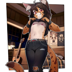 Size: 2000x2000 | Tagged: suggestive, artist:sicmop, oc:samwell halford, big cat, felid, leopard, mammal, anthro, boy, cub, femboy, male, slender, solo cub, twink, young, acoustic guitar, areola, bottomwear, brown body, brown fur, clothing, clothing lift, flashing chest, flashing nipples, front view, fur, guitar, hair, indoors, leather straps, looking at you, looking down, looking down at you, low-angle view, musical instrument, navel, nipple piercing, nipples, pants, piercing, shirt, shirt lift, showing off, smiling, smiling at you, solo, string instrument, tail, topwear, torn clothes, torn pants, tuft