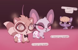 Size: 1881x1216 | Tagged: non-con, safe, artist:labbit, delilah barnsley, british shorthair, cat, felid, mammal, mouse, murid, procyonid, raccoon, rodent, ambiguous gender, chibi, female, feral, male, littlest pet shop, colored, digital, sketch, blonde hair, brown body, brown hair, clothing, dialogue, diaper, english text, group, hair, half-closed eyes, hypno eyes, hypnosis, looking at another, mind control, open mouth, open smile, pink eyes, smiling, standing, text, trio, walking