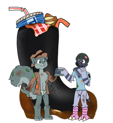 Size: 1110x1200 | Tagged: safe, artist:chicostyx, oc:pijahn, oc:squorl, avian, bird, columbid, mammal, pigeon, sciurid, squirrel, anthro, male, colored, flat colored, beanie, bottomless, briefs, clothing, couple, dirty, dirty clothing, duo, featureless crotch, hobo, holding hands, looking at another, looking at each other, micro, shirt, t-shirt, underwear