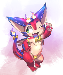 Size: 1728x2055 | Tagged: suggestive, artist:lkiws, smolder (lol), dragon, fictional species, mythological creature, anthro, boy, chubby, cub, male, semi-anthro, solo cub, solo male, young, gold bikini meme, league of legends, 3 toes, 4 fingers, accessory, armlet, big ears, bikini, bikini bottom, blue body, blue eyebrows, blue scales, blue tail, blue tongue, blushing, bow ribbon, bowtie, bulge, claws, clothing, eyebrows, eyelashes, fang, feet, finger claws, fingers, fire, flaming horn, flaming tail, gesture, glistening, green eyes, hand on hip, hand on own hip, looking away, membranous wings, navel, one eye closed, open mouth, open smile, pink body, pink scales, pink tongue, pointy ears, posing, pupils, red body, red scales, red tail, scales, sharp teeth, slit pupils, smiling, solo, spread wings, swimwear, tail, tail accessory, tail bow, tan body, tan scales, teeth, toe claws, toes, tongue, tongue out, topless, two-piece swimsuit, v sign, wings, winking