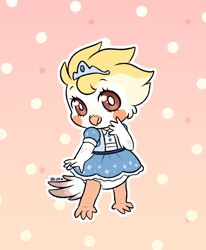 Size: 788x954 | Tagged: safe, artist:pukopop, oc only, oc:coralina (danielmania123), avian, bird, cockatiel, parrot, anthro, cub, female, girl, solo cub, solo female, solo girl, young, colored, digital, flat colored, barefoot, brown eyes, diaper, dress, headwear, looking at you, solo, standing, tiara