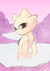 Size: 1430x2048 | Tagged: suggestive, artist:ewany40632624, felid, feline, mammal, solarian, cub, male, slender, solo cub, solo male, young, nine sols, bathing, blushing, butt, fur, hot spring, in water, looking at you, looking back, looking back at you, mouthless, rear view, solo, water, white body, white fur
