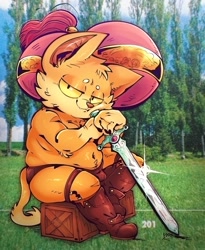 Size: 1639x2000 | Tagged: suggestive, artist:salamikii, oc:squire, cat, felid, mammal, anthro, chibi, cub, fat, male, solo cub, solo male, young, digital, fully shaded, bedroom eyes, boots, bulge, clothing, fantasy, garter belt, holding weapon, leather, looking at you, navel, outdoors, pinup, renaissance, shoes, sitting, solo, sword, sword in ground, thong, topless, underwear, underwear only, weapon