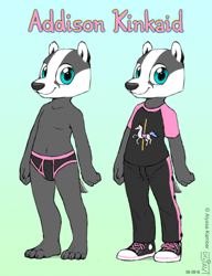 Size: 500x650 | Tagged: suggestive, artist:drjavi, oc:addison kinkaid, badger, european badger, mammal, mustelid, cub, female, slender, solo cub, solo female, trans-female, young, colored, digital, flat colored, reference sheet, barefoot, briefs only, clothing, exposure variation, front view, full-length portrait, looking at you, multiple outfits, pants, shirt, shoes, smiling, smiling at you, sneakers, solo, standing, t-shirt, topless, transgender