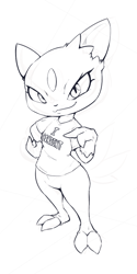 Size: 500x1000 | Tagged: suggestive, artist:shoutingisfun, generation 2 pokemon, pokemon (species), sneasel, ambiguous gender, anthro, female, pokémon, lines, monochrome, bottomless, claw toes, clothing, consent themes, featureless crotch, gesture, hand on own hip, high-angle view, looking at you, pointing, pointing at self, shirt, smiling, smiling at you, smirking at you, solo, t-shirt, text, topwear