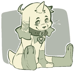 Size: 541x510 | Tagged: safe, artist:gearwurk, digimon (species), terriermon, ambiguous gender, anthro, cub, solo cub, young, digimon, colored, digital, flat colored, limited palette, anthrofied, collar, digivice, leaning forward, looking at you, nudity, open legs, sitting, smiling, smiling at you, solo