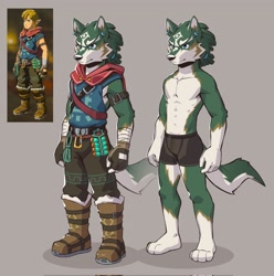 Size: 2030x2048 | Tagged: safe, artist:anjing_kampuss, link, wolf link, canid, mammal, wolf, anthro, male, muscular, plantigrade, slender, solo male, twink, legend of zelda, cel shaded, colored, digital, 4 toes, 5 fingers, abs, anthrofied, boots, clothing, ear piercing, earring, fingers, footwear, green body, green hair, pecs, piercing, ring piercing, shoes, solo, standing, topless