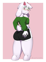 Size: 1619x2159 | Tagged: safe, artist:lightwayarts, ralsei, bovid, caprine, goat, mammal, ungulate, anthro, femboy, male, slender, twink, deltarune, colored, digital, big butt, blushing, bottomwear, butt, clothing, crop top, crossdressing, eyelashes, eyewear, fur, glasses, hair, hand on butt, looking back, pink eyes, rear view, shirt, short shorts, shorts, solo, tail, thong, topwear, underwear, underwear peek, white body, white fur, white hair, wide hips