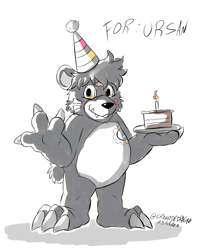 Size: 1200x1446 | Tagged: safe, artist:craniodedrago, oc:ursam rableck, bearmon, digimon (species), chubby, cub, semi-anthro, young, digimon, limited palette, sketch, birthday cake, cake, candle, front view, full-length portrait, hat, holding food, looking at you, open mouth, party hat, standing